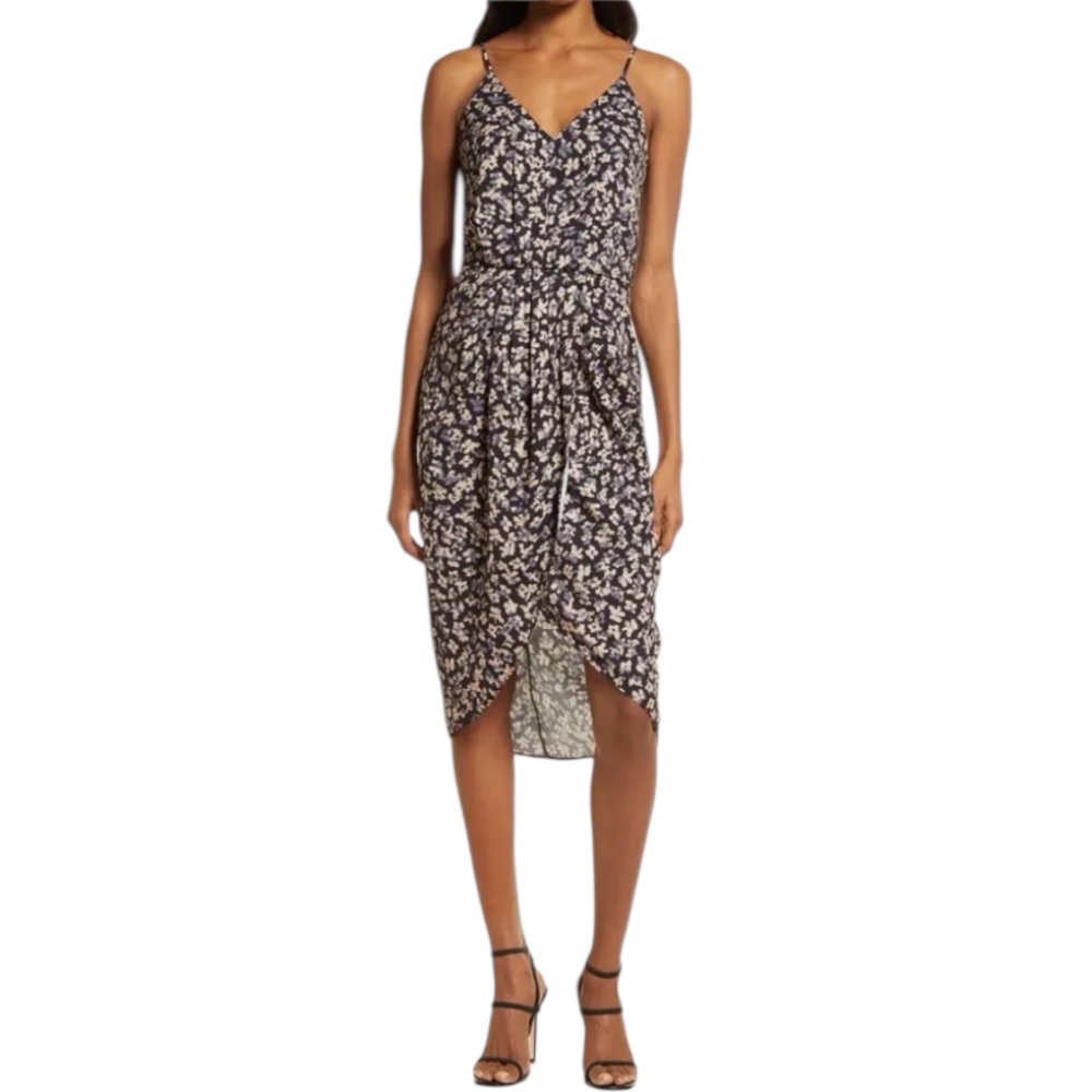 Chelsea28 Faux Wrap Midi Dress Black Beige Floral Spaghetti Strap Size Small